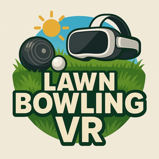 Lawn Bowling VR text logo on grass with VR headset, black bowling ball and small white jack ball below bright sun against light blue sky